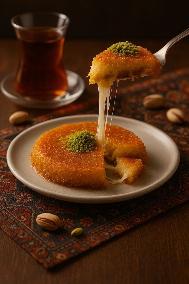 Classic kunafa with pistachio and a cheese pull